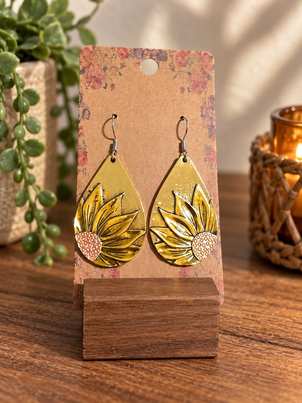 Gold Sunflower Teardrop Dangle Earrings Boho Floral Statement Jewelry